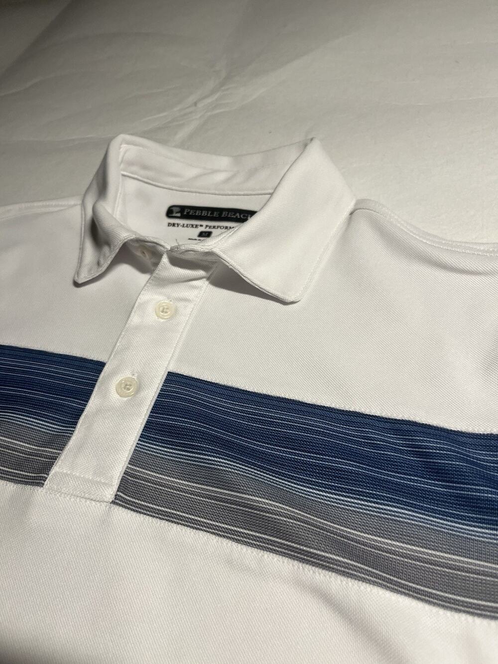 Pebble Beach Men’s M Dry-Luxe Performance Golf Polo White Blue Stripe Small Flaw